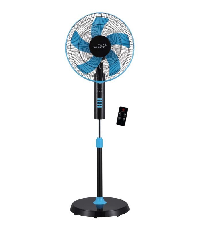 Fan (5 blade) with Remote Control, In-built 7.5 Hour Timer, 400 mm Sweep Size, Telescopic Height with Adjustable Metal Stand & Powerful Copper Motor | 52 W |Blue Black