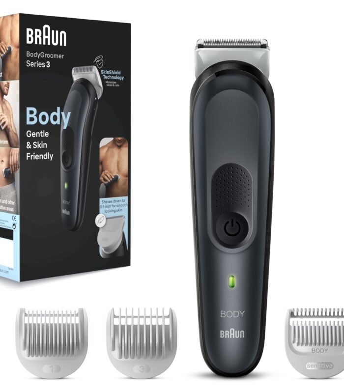 Body Groomer 3 for Men, BG3340, Body Hair Trimmer with SkinShield Technology, Lifetime Sharp Metal Blade, Body Trimmer for Men, Sensitive Comb, Gray/Black