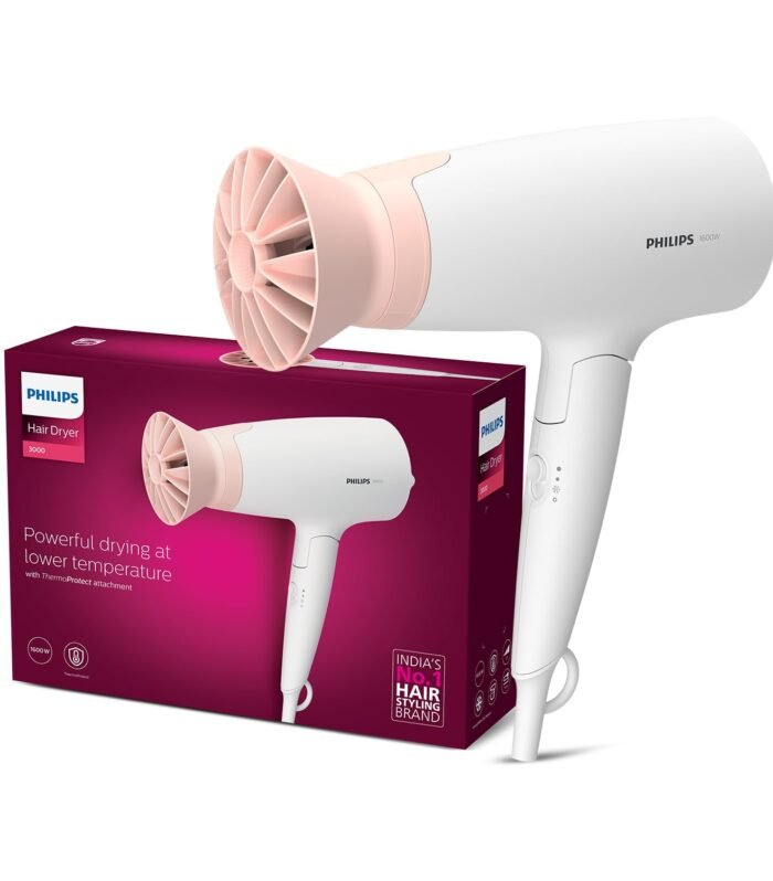 Foldable Hair Dryer 1600 Watts| Powerful Salon-like Blow Drying with Less Heat | 3 Heat Settings with Cool Shot (Hot/Cool/Warm) | ThermoProtect Airflower Attachment- Pink | BHD308/30 - White | Perfect Blow Dry & Style for Men and Women | 2 years W