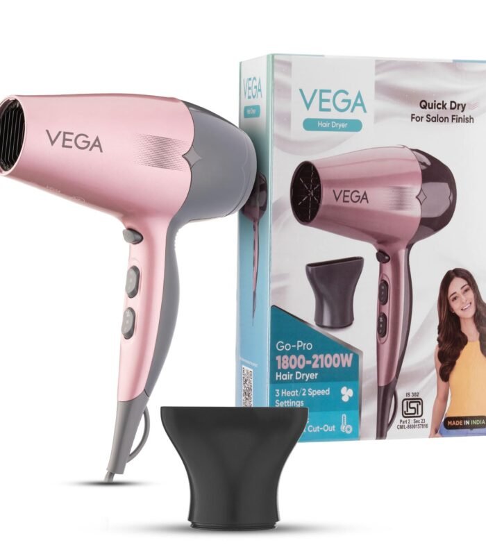 Go Pro 2100W Professional Hair Dryer with Detachable Nozzle, 2 Speed & 3 Temperature Settings with Cool Shot Button for Salon-like Blow Dry, Hair dryer for Men & Women (VHDH-25)