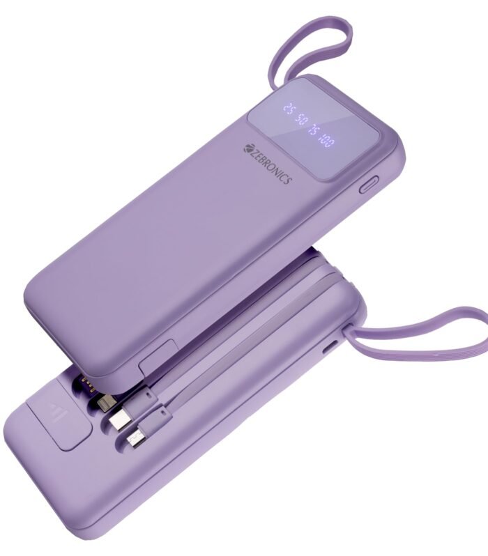 Power Bank, 10000 mAh, 12W, 5 x Outputs - Dual USB A | Type C | Micro USB | Lightning, Built in I/O Cables, Percentage Display, Carry Loop, Made in India (Lavender)