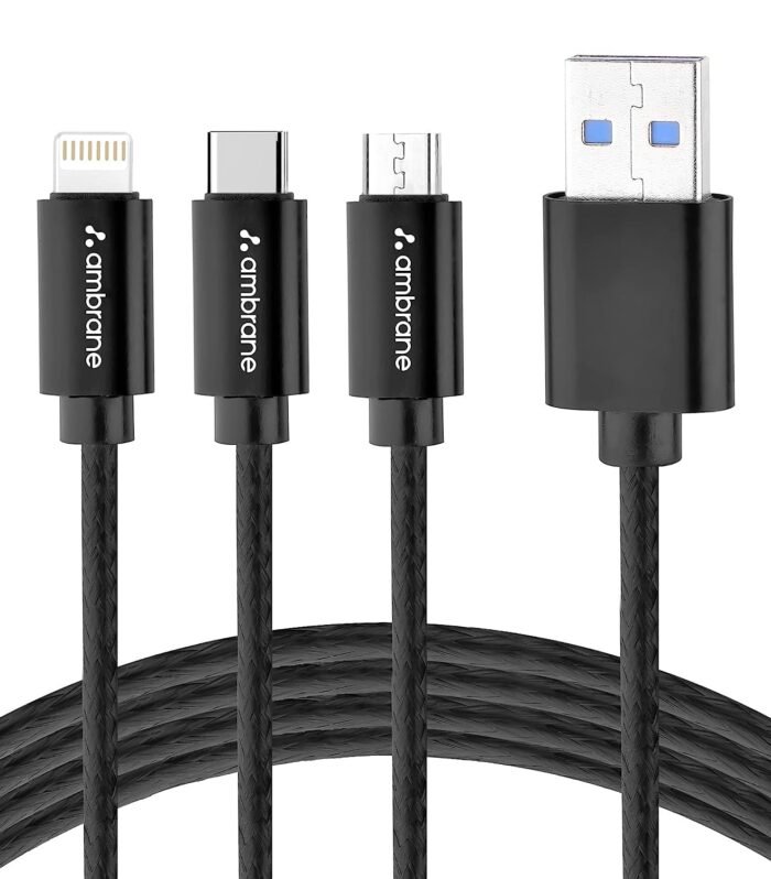 Unbreakable 3 in 1 USB Fast Charging USB Cable with Type C, Lightning, Micro USB Port with 2.1 A, Compatible with iPhone, iPad, Samsung, OnePlus, Mi, Oppo, Vivo, Xiaomi, 1.25M (Trio-11, Black)