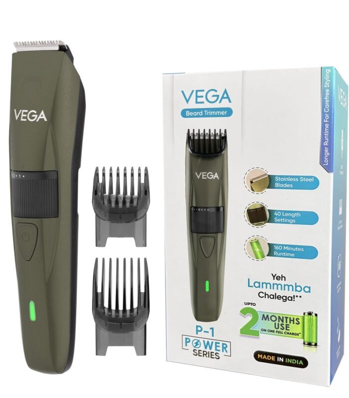 P1 Battery Powered Beard Trimmer for Men, USB C Type, 160 Mins Runtime & 40 Length Settings, 2 Beard Comb, Cord-Cordless Use, Hair Trimmer, Shaving Machine, 1 Yrs Warranty (Power Series, VHTH-25)