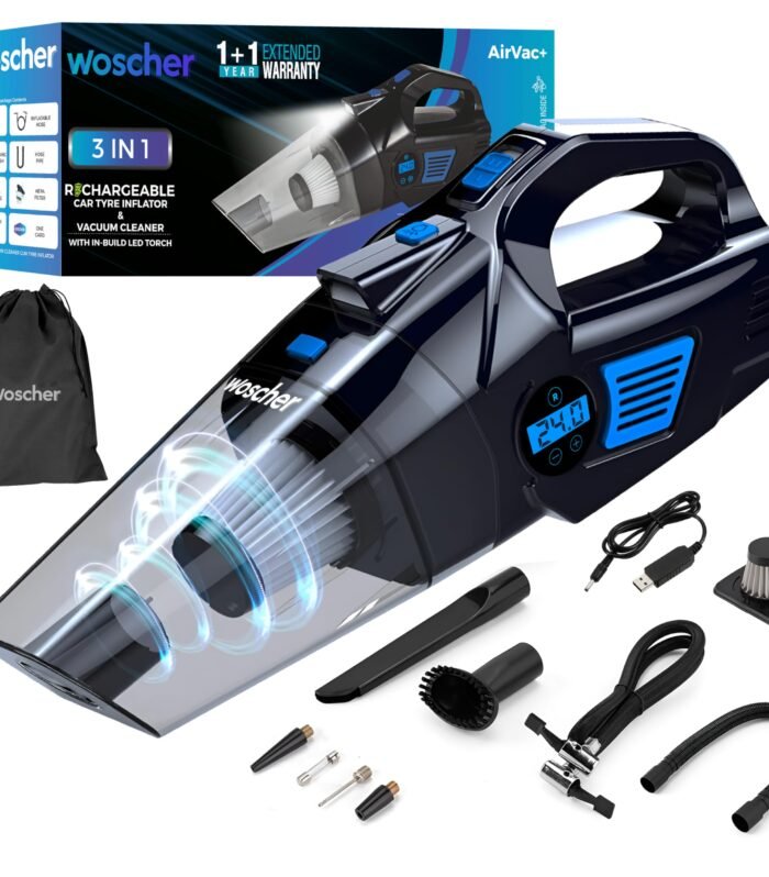3in1 USB Rechargeable Car Vacuum Cleaner Cordless,Tyre Inflator,150 PSI Digital Air Pump for Car Tyre|120 Watt Car Vacuum Cleaner High Power 6000PA |LED Light| Auto Shut Off