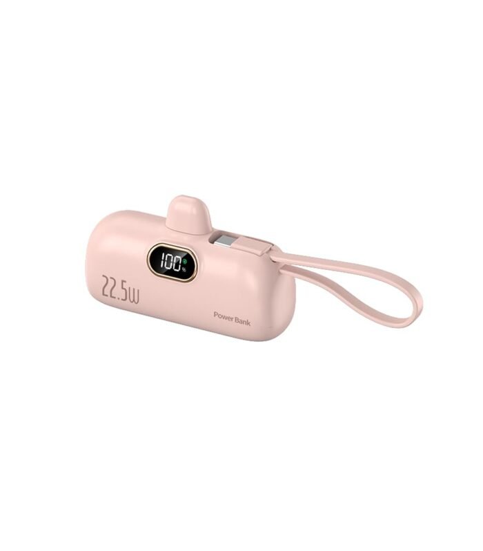 VoltGo Power Bank, 5000mAh, 22.5W Fast Charging, Built-in Cables, LED Display, Black (Pink)